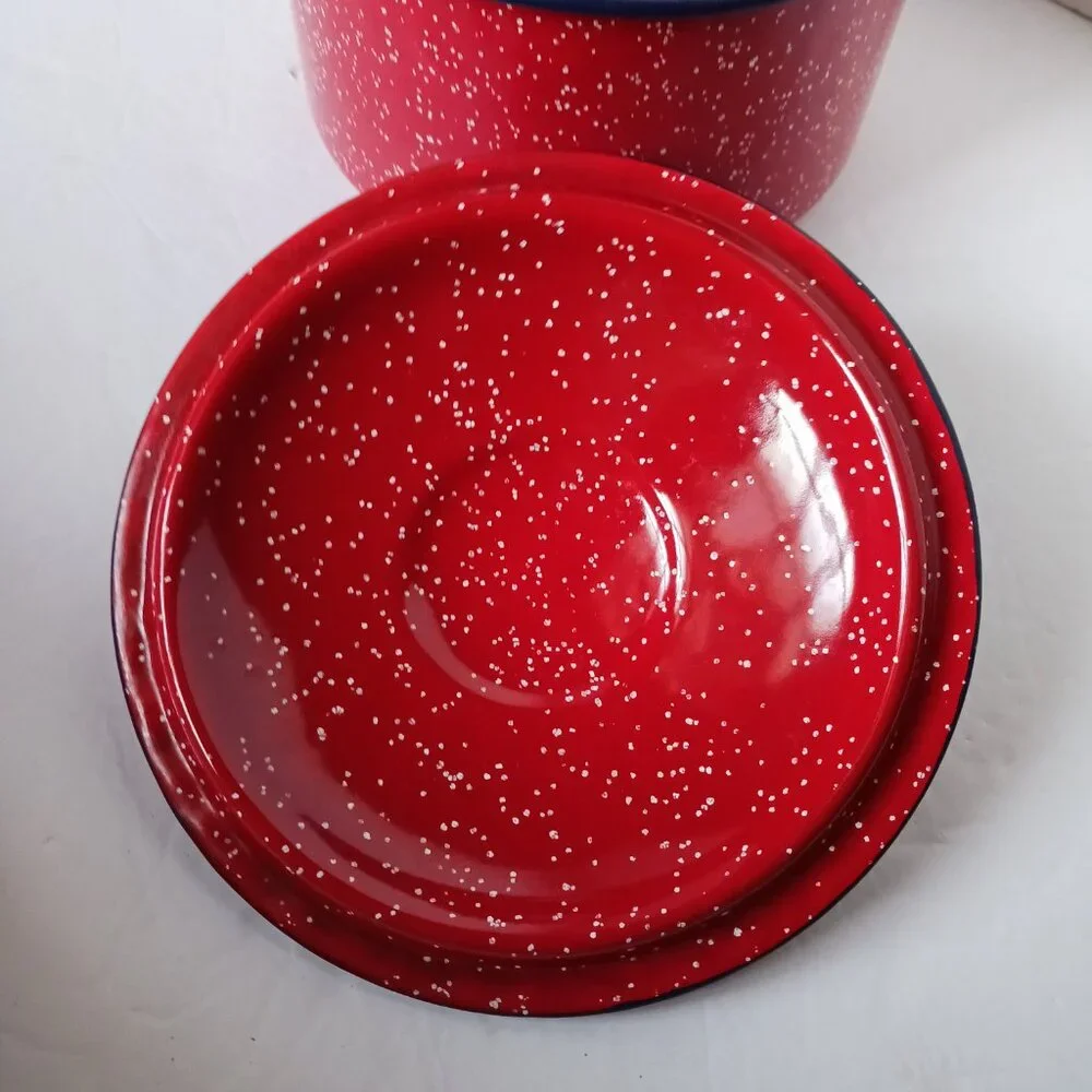 Vintage Red Blue Splatter Spackle Enamelware Cooking Pot